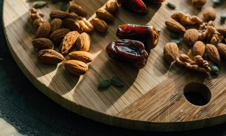 dates and almonds on table